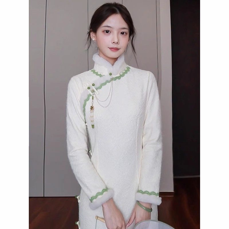 新中式旗袍女秋冬2023新款復古改良年輕款氣質加絨長袖日常連衣裙