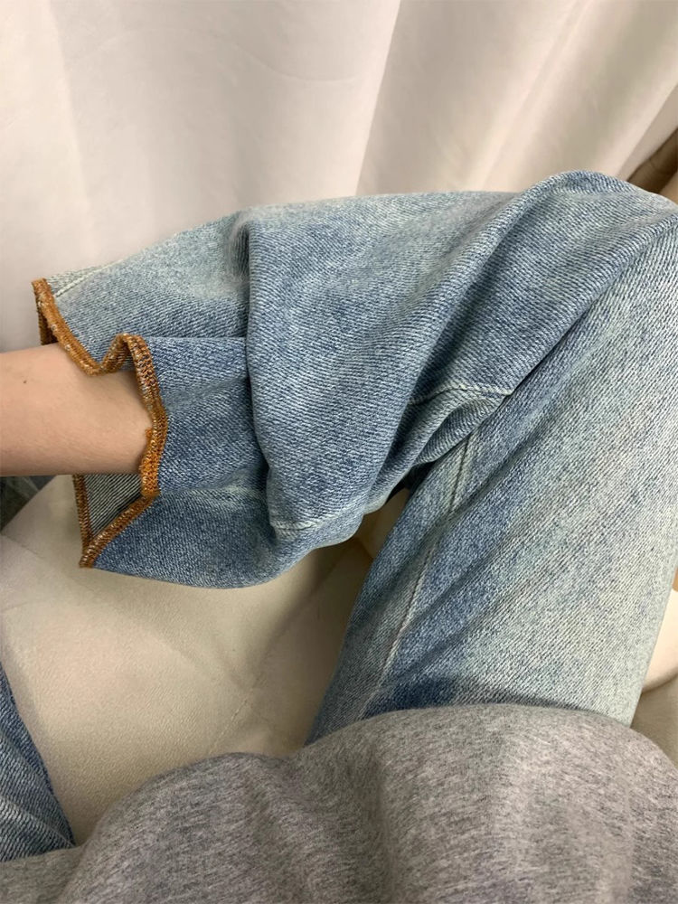 淺色微喇叭牛仔褲女冬季新款復古寬鬆闊腿顯瘦不貼腿毛邊直筒褲子