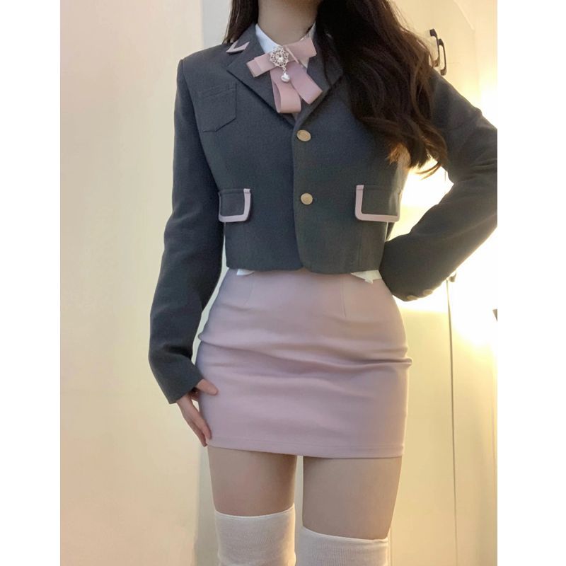 【三件套装】韩系学院风短款西装外套女搭配衬衫高腰显瘦包臀短裙