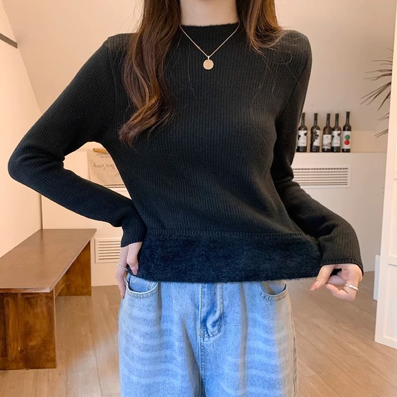 一體絨毛衣女2023新款冬季加絨加厚保暖上衣修身純色內搭打底衫