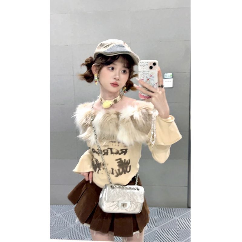 辣妹字母設計感拼接皮草領露肩長袖修身打底上衣女+半身裙兩件套