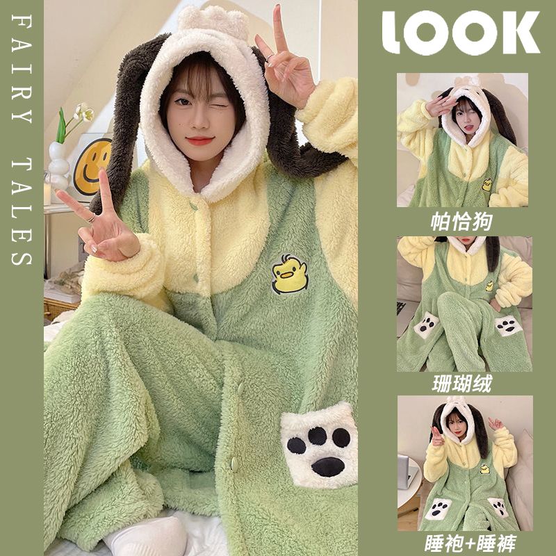 卡通帕恰狗珊瑚絨睡衣女秋冬季加絨加厚保暖法蘭絨睡袍居家服套裝