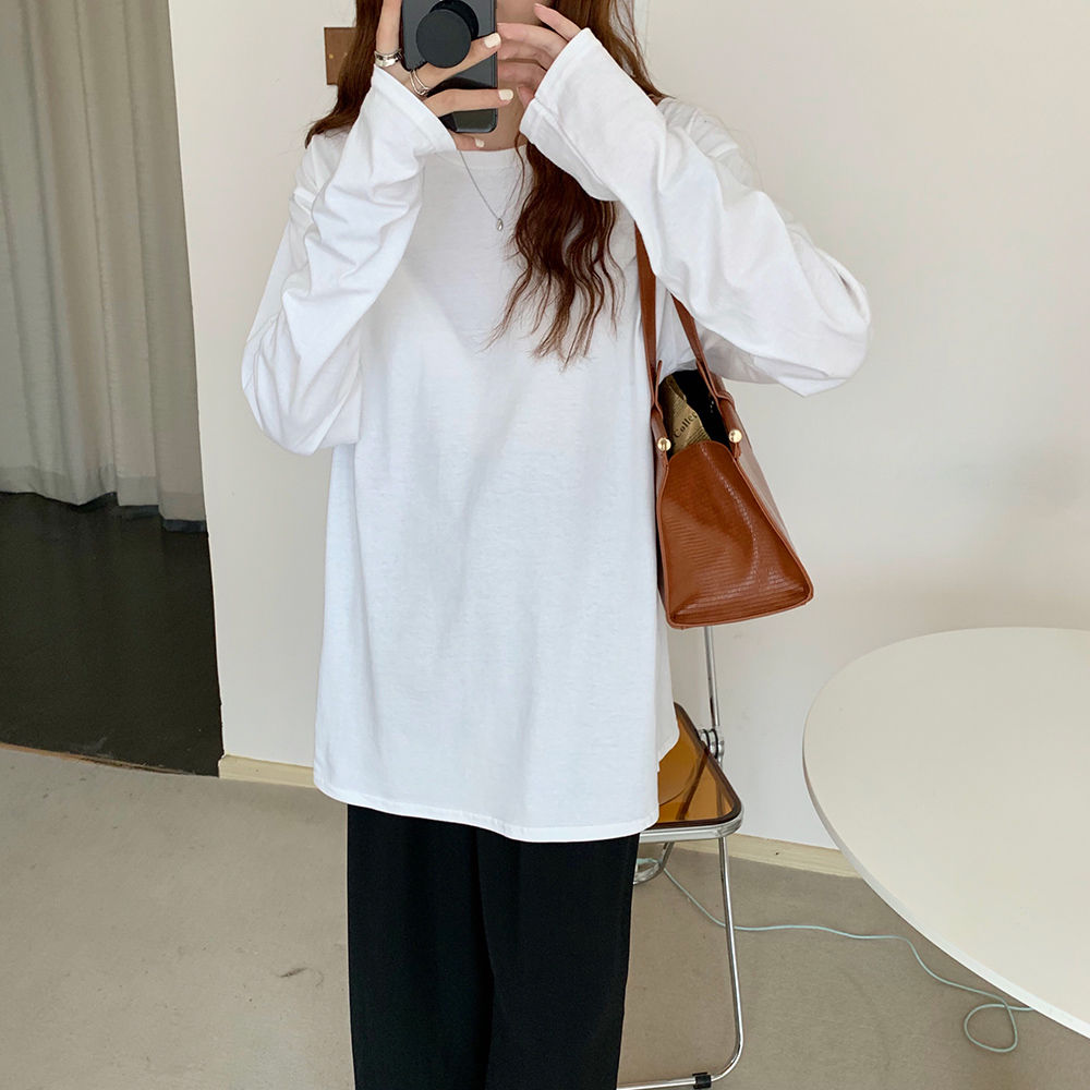 純棉白色t恤女長袖新款韓版寬鬆圓領學生百搭白色長袖打底衫純色