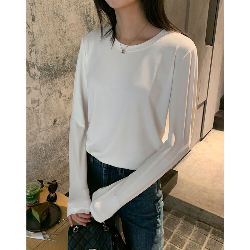 純棉白色t恤女長袖新款韓版寬鬆圓領學生百搭白色長袖打底衫純色