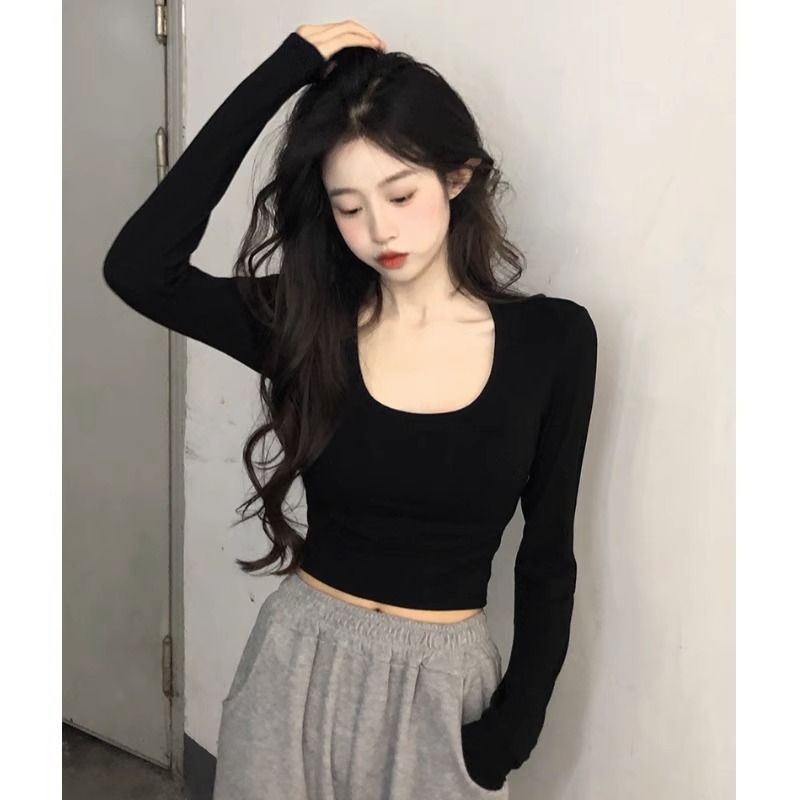 黑色辣妹露臍圓領長袖t恤女春秋內搭修身洋氣卡腰短款上衣打底衫