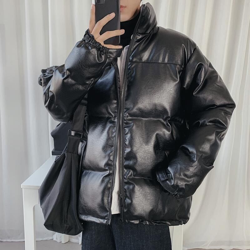 PU皮棉衣男冬季加厚美式潮牌黑色麵包服外套ins寬鬆高街棉服棉襖