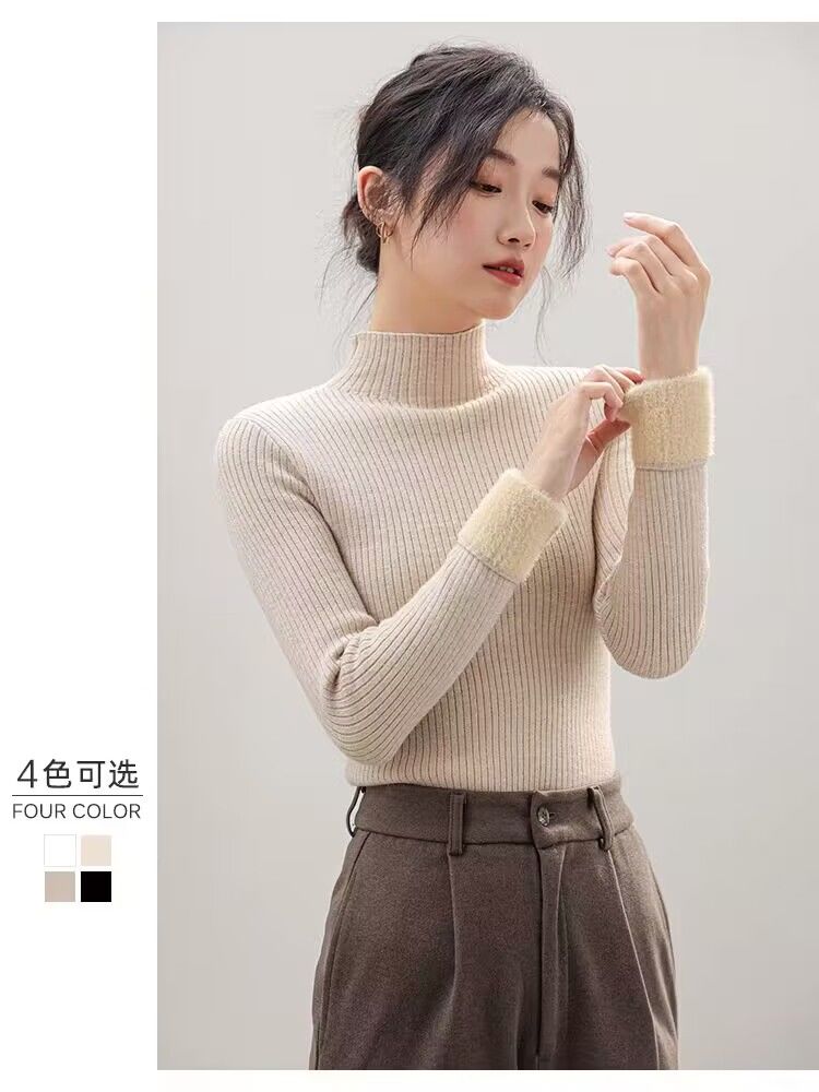 一體絨半高領打底衫毛衣女秋冬加絨加厚內搭長袖保暖針織衫上衣潮