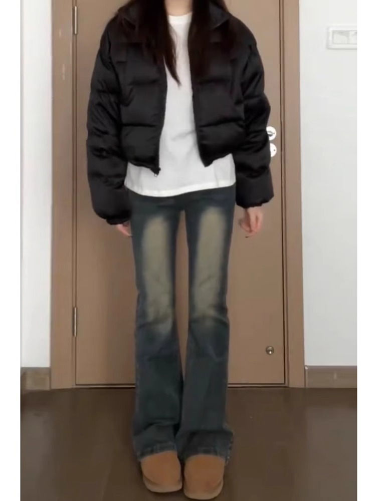 做舊高腰微喇牛仔褲女冬季新款復古彈力修身顯瘦百搭直筒喇叭褲子