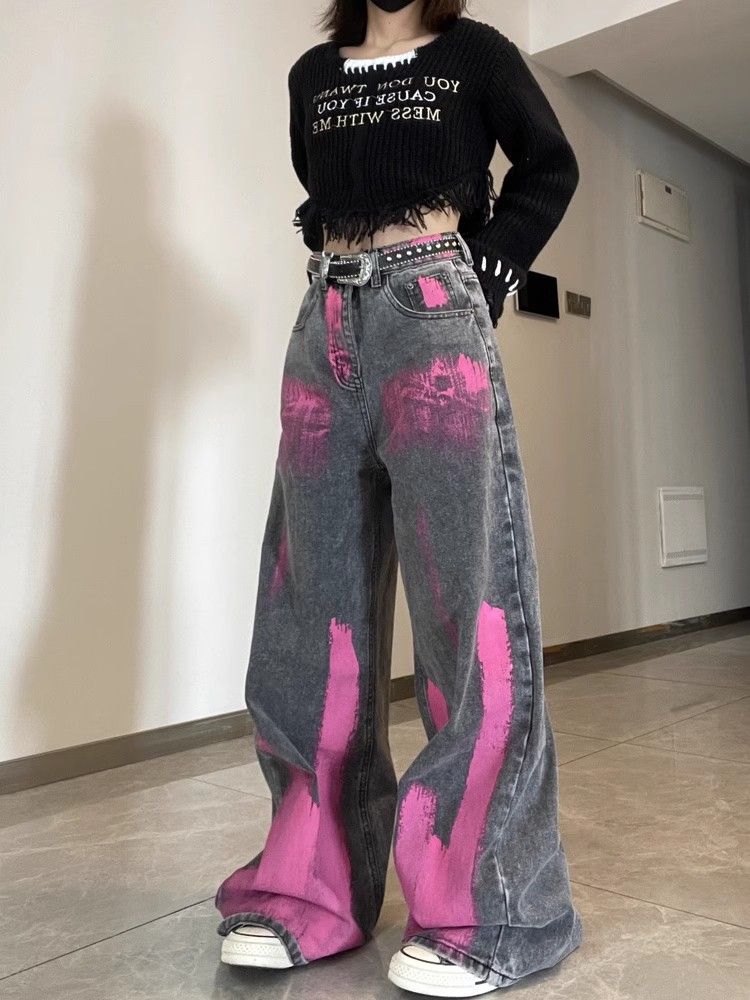 塗鴉扎染vibe設計感美式高街復古牛仔褲女秋冬款潮牌hiphop長褲子