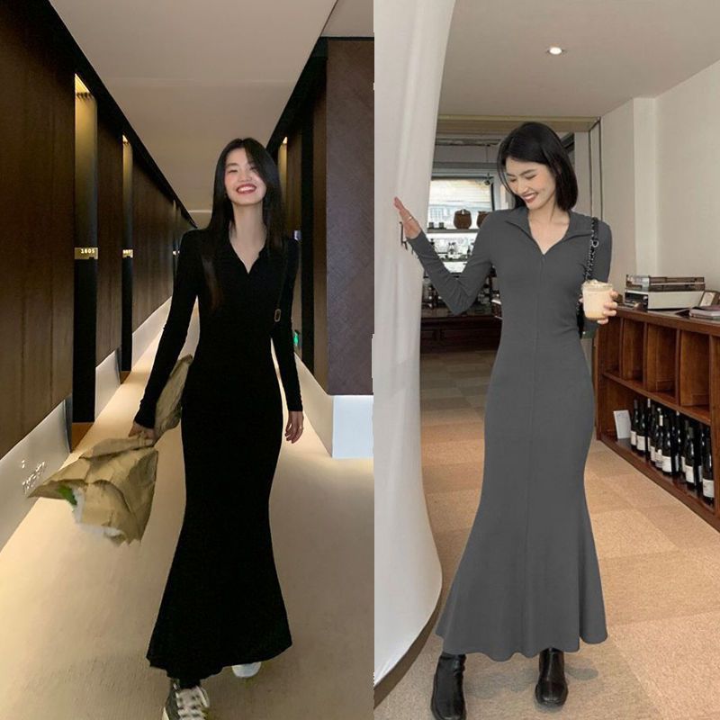 法式收腰顯瘦純欲連衣裙女2023秋冬新款洋氣包臀緊身內搭魚尾長裙