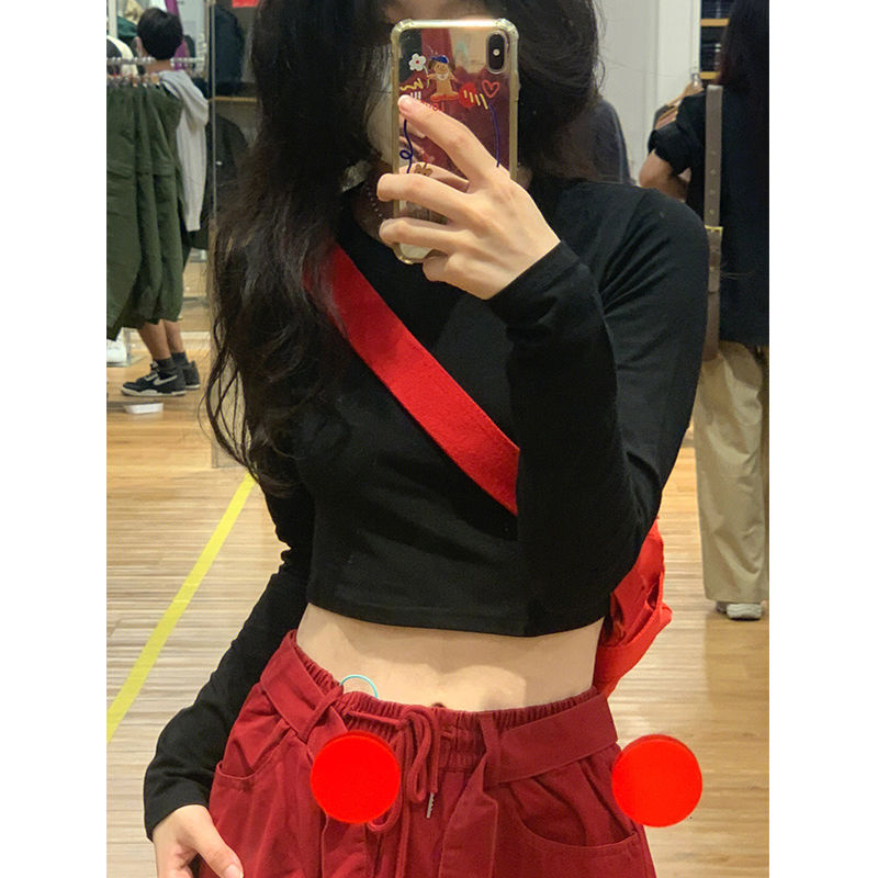 純欲風辣妹黑色正肩長袖t恤女春秋冬內搭打底衫修身顯瘦短款上衣