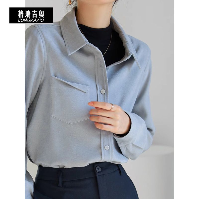CONGRAZIO/格瑞吉奧秋季氣質藍色襯衫小眾韓范翻折口袋長袖上衣女
