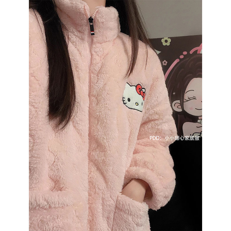 粉色凱蒂貓三層夾棉睡衣女冬季可愛卡通加絨加厚珊瑚絨冬天家居服