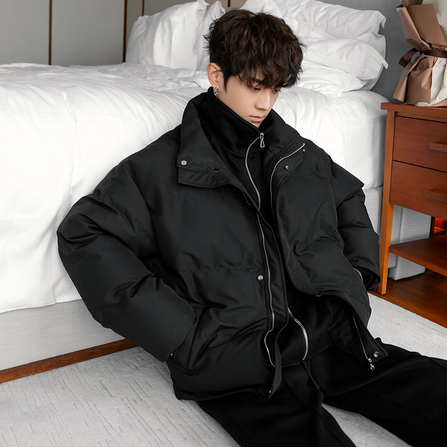 男装冬季韩系高级感假两件设计感韩版休闲潮牌加厚款棉衣棉服套装