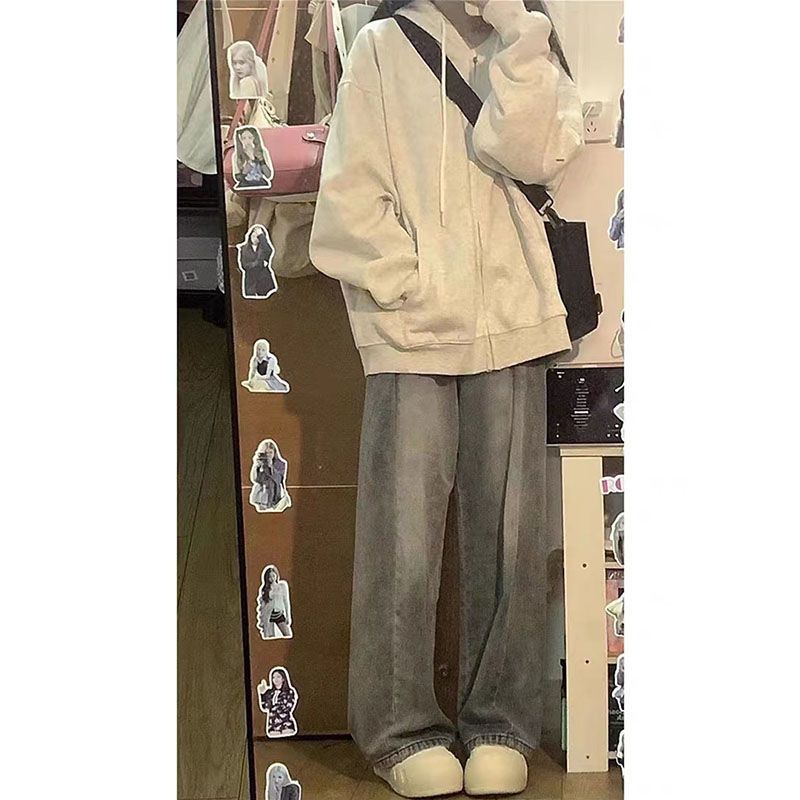 韓版hiphop白灰色學生連帽衛衣女春秋寬鬆原宿風休閒百搭開衫外套