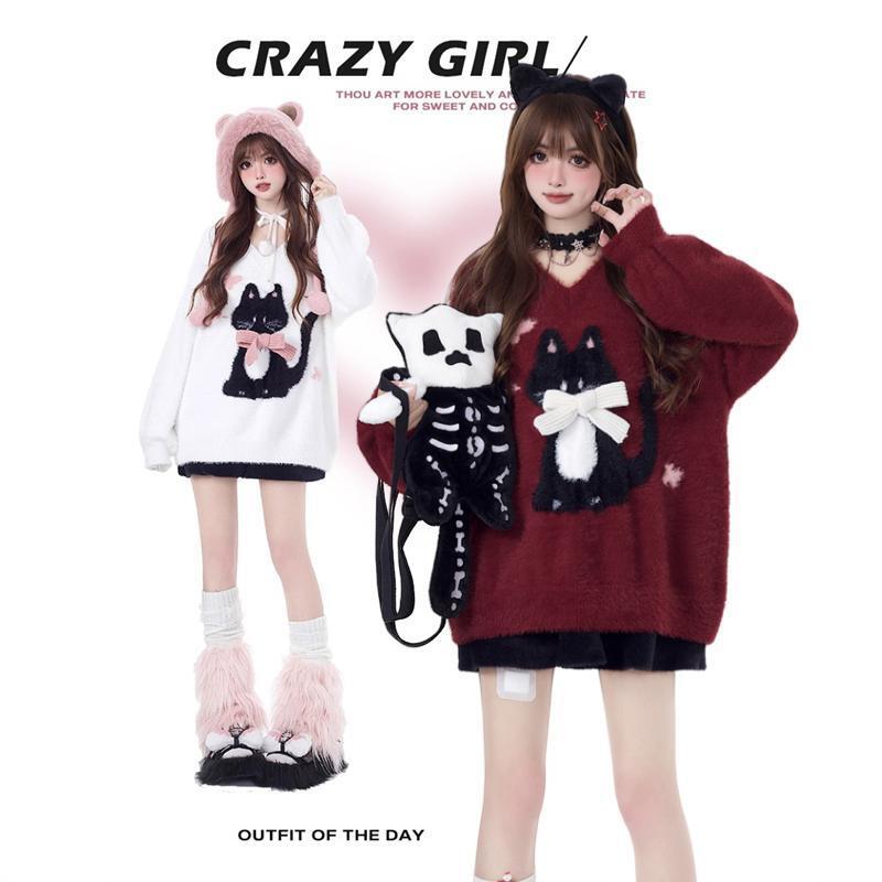 crazygirl【慵懶小貓】原創蝴蝶結軟糯秋冬新年紅寬鬆內搭毛衣