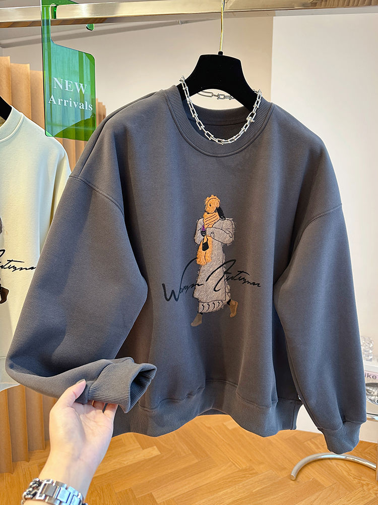 Korean chic design loose casual flocking print plus velvet thickened sweatshirt for women autumn and winter round neck age-reducing top
