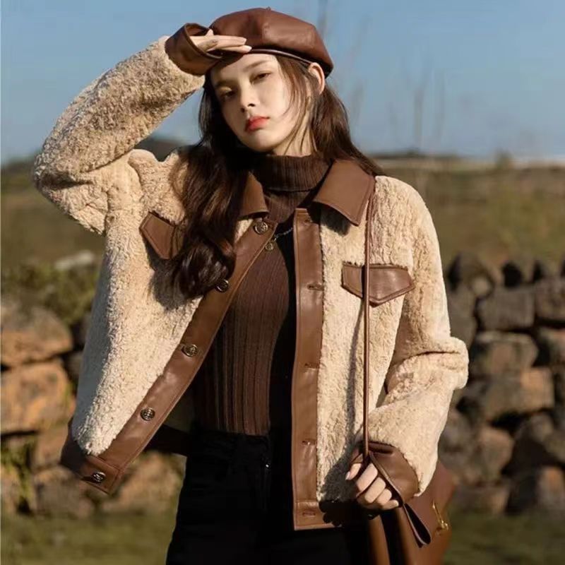 皮毛一體小香風外套女秋冬新款復古拼皮短款羊羔毛棉服小個子加厚