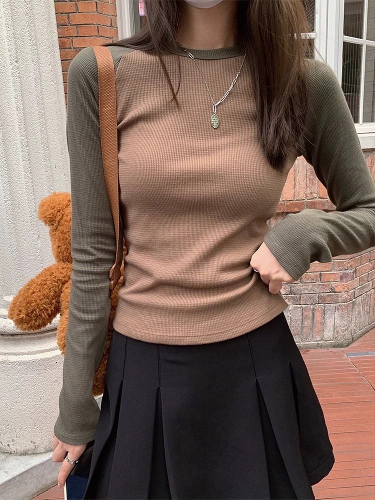 美式復古辣妹拼色緊身長袖打底衫女秋冬洋氣卡腰插肩袖內搭上衣服