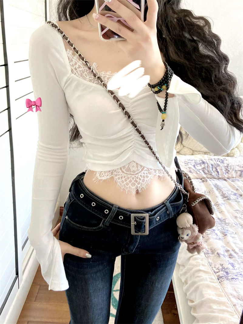 純欲風白色V領長袖打底衫T恤女秋季新款辣妹絕美蕾絲拼接修身上衣