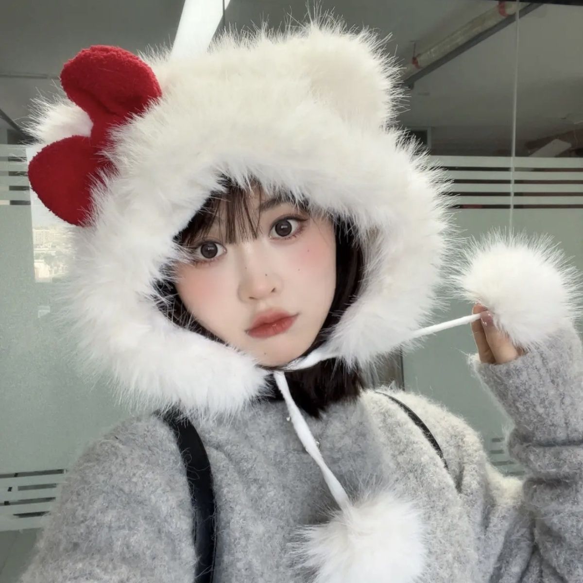 Korean style cute bow KT plush hat for women winter ear protection Lei Feng hat plus velvet to keep warm and cold and windproof hat for women