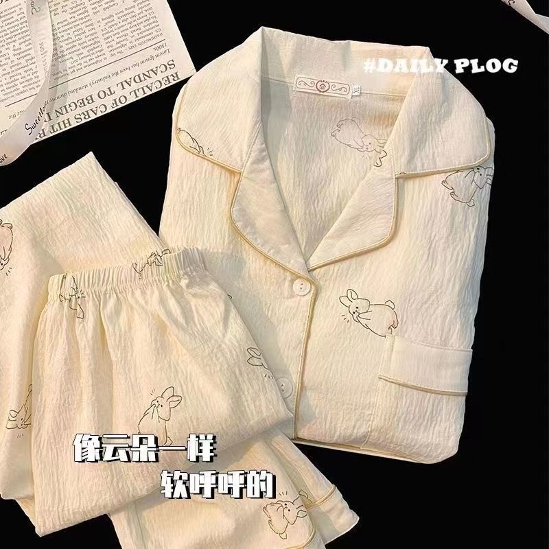 簡約純棉長袖睡衣女長褲春秋冬季甜美翻領家居服家居服套裝學生款