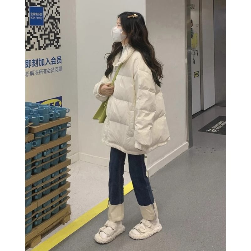 韩系米白色宽松立领棉服女冬季新款小个子奶fufu加厚棉袄外套