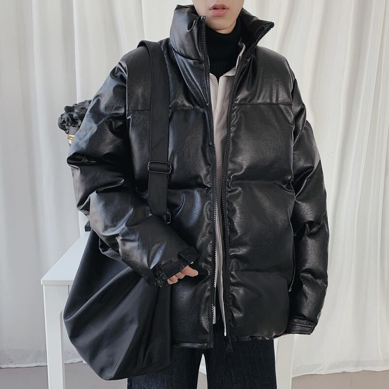 PU皮棉衣男冬季加厚美式潮牌黑色麵包服外套ins寬鬆高街棉服棉襖