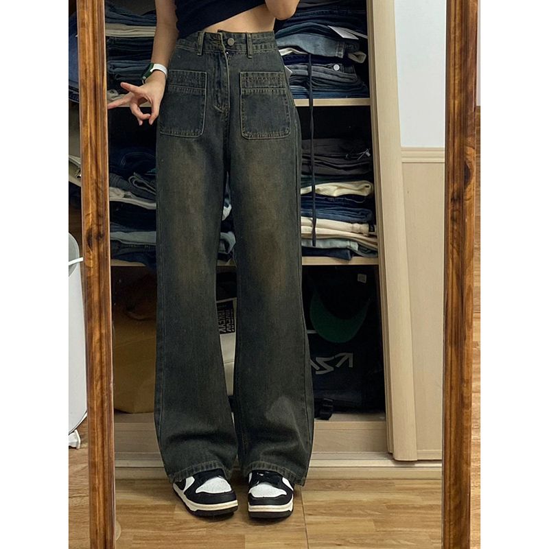 闊腿拖地牛仔褲女秋冬季新款辣妹顯瘦垂感復古水泥灰寬鬆直筒長褲