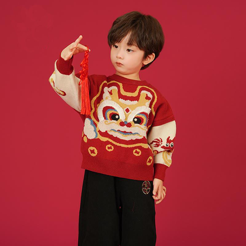 2023新款兒童拜年服中國風毛衣男童女童秋冬男孩龍年新年圓領童裝