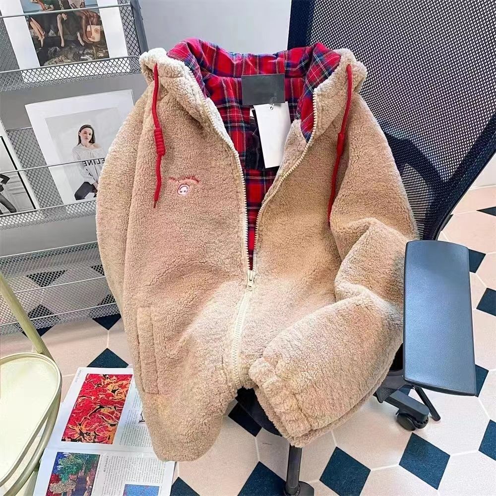 Korean style cold-proof outer wear hooded lamb wool plaid jacket for women, lazy winter new style thickened Christmas battle coat for women