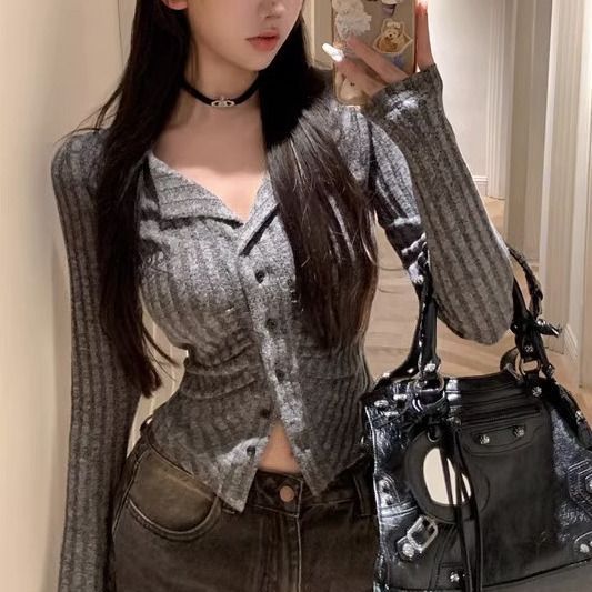 高級小眾設計感甜酷辣妹開衫長袖針織衫女秋季刺繡顯瘦上衣襯衫女