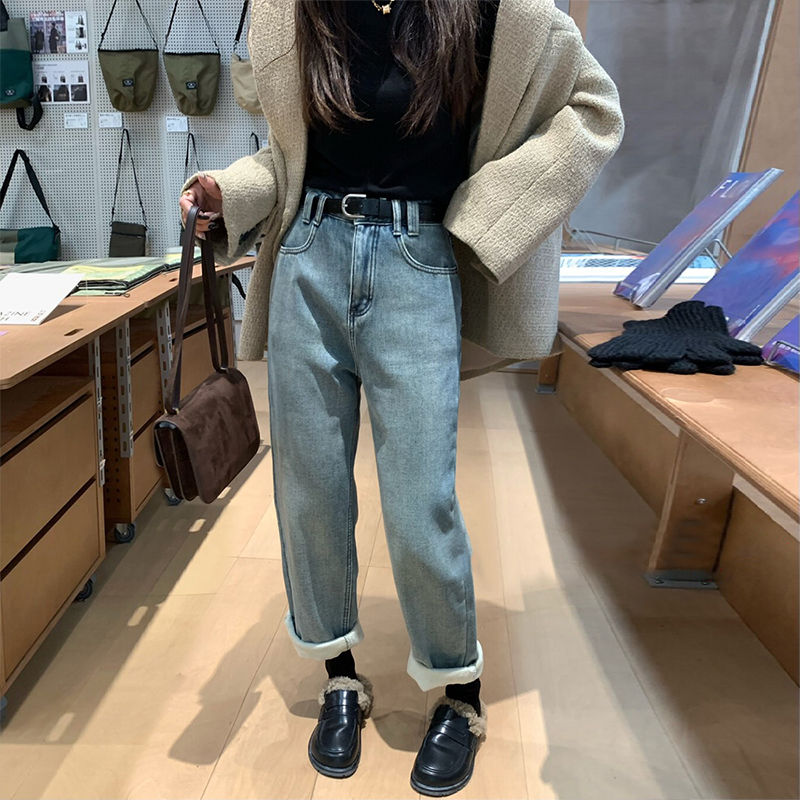 大碼加絨加厚闊腿牛仔褲女秋冬季2023年新款爆款胖mm顯瘦直筒褲子