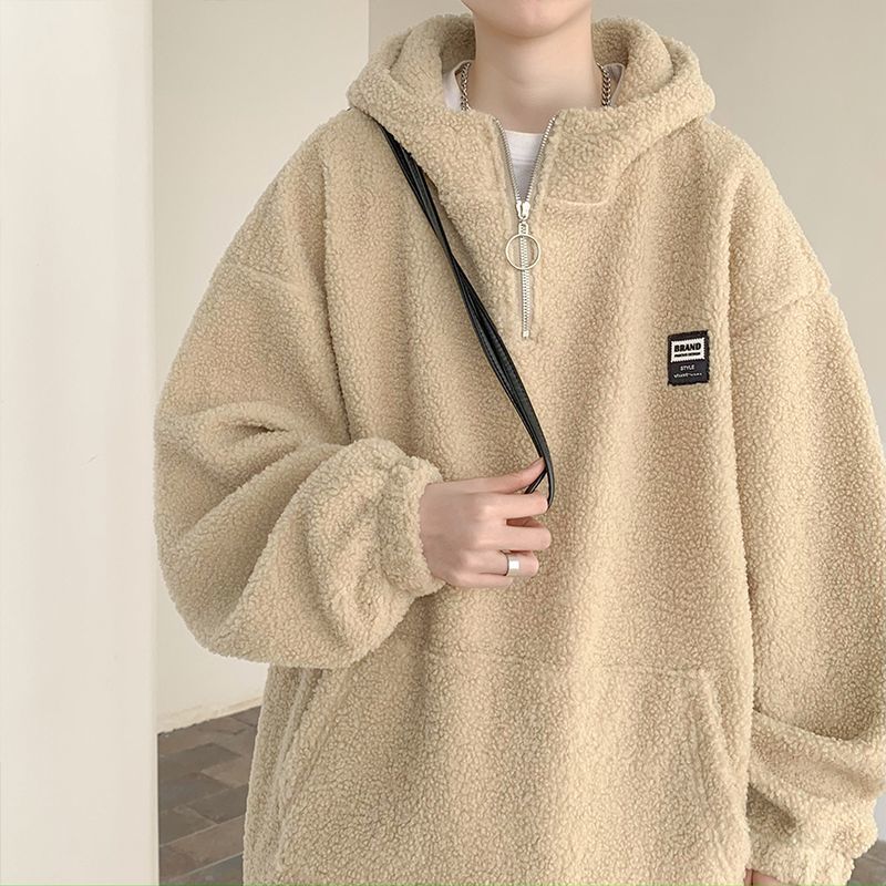 Lamb fleece thickened warm sweatshirt men's winter American fashion brand retro lazy style heavy hooded jacket handsome