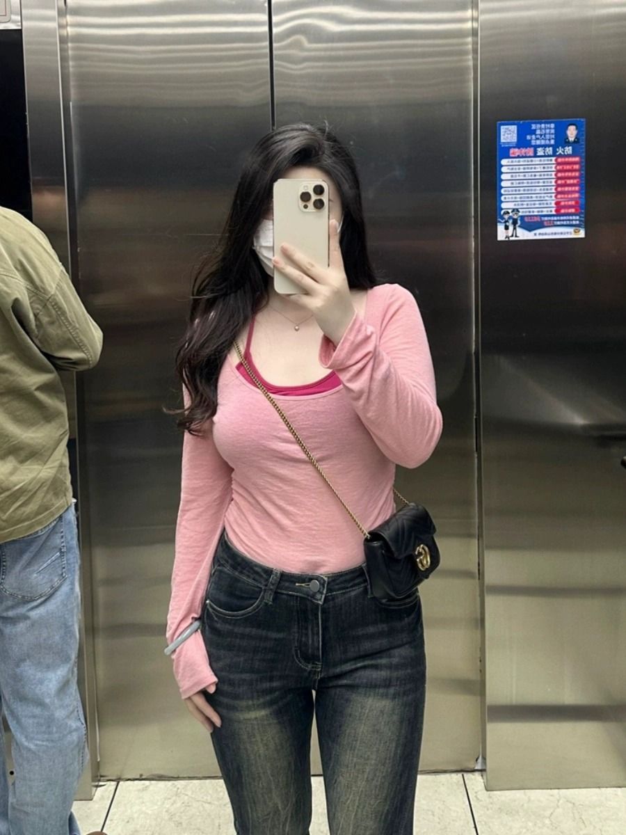 純欲風辣妹氣質假兩件T恤女秋季修身顯瘦長袖正肩設計感掛脖上衣