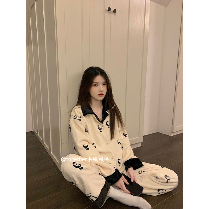 韓國珊瑚絨睡衣女秋冬季新款加絨加厚可愛熊貓保暖法蘭絨家居服套