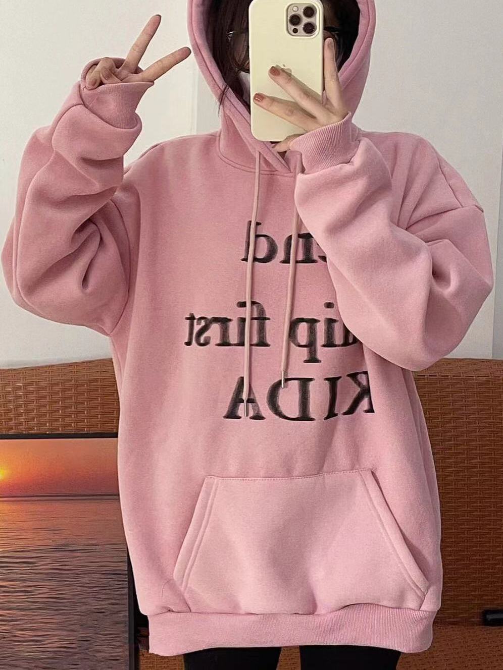 American hooded sweatshirt for women autumn and winter 2023 new popular oversize lazy style thickened velvet loose jacket