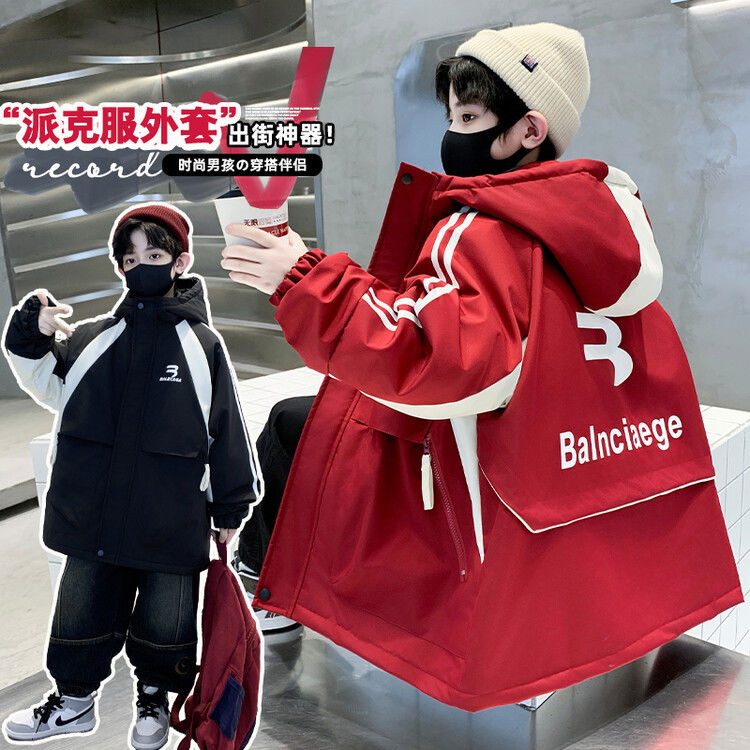 兒童裝男童外套秋冬款2023新款加絨加厚大童冬季男孩衝鋒衣派克服
