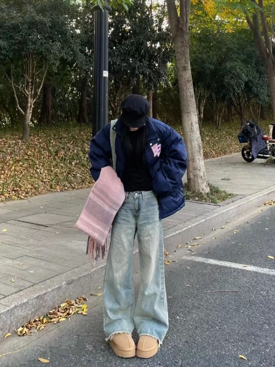 美式復古毛邊設計高腰闊腿牛仔褲女秋冬新款寬鬆顯瘦直筒拖地長褲