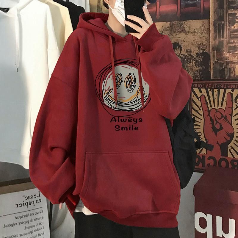重磅加絨加厚紅色衛衣男連帽秋冬款oversize寬鬆美式笑臉印花外套