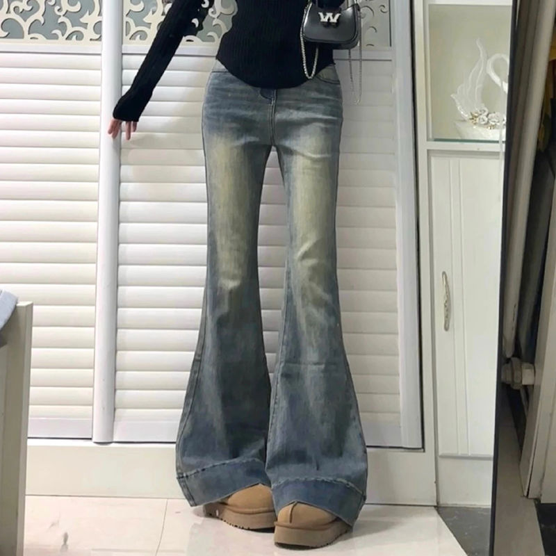 辣妹美式復古做舊牛仔褲女小個子高腰垂感顯瘦微喇叭褲拖地長褲子