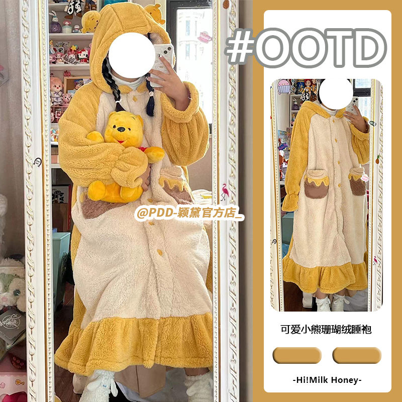 韓版ins可愛小熊珊瑚絨睡衣女秋冬加厚毛絨法蘭絨連帽睡袍家居服