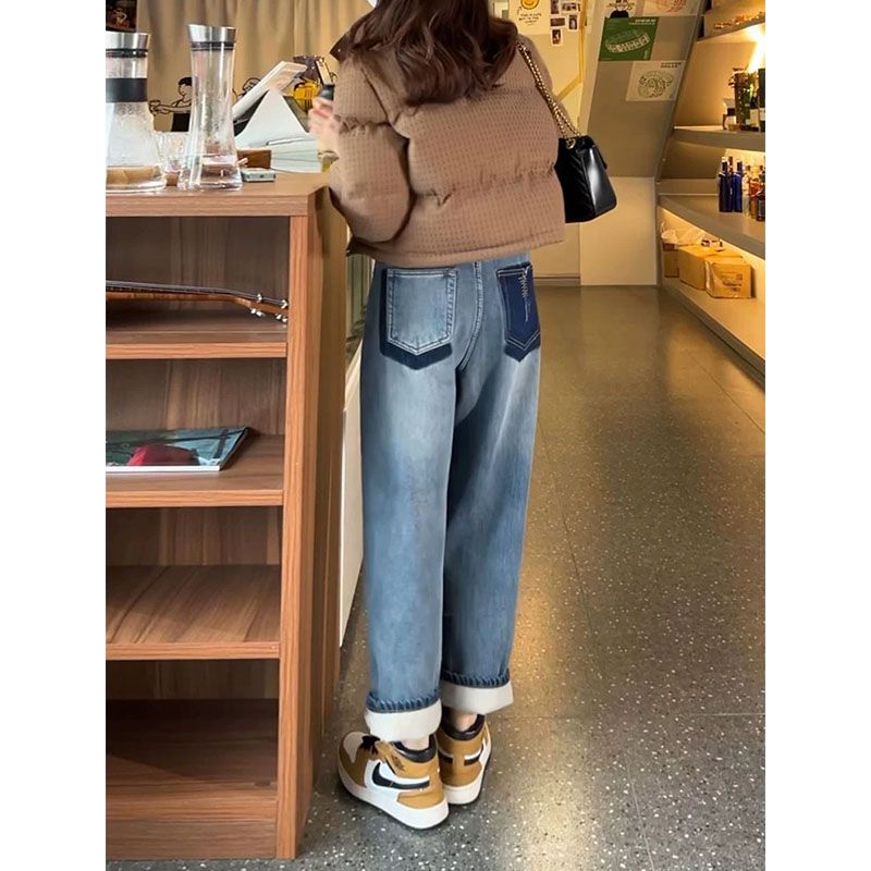 復古加絨牛仔褲女冬季新款大碼梨形身材高腰顯瘦加厚保暖闊腿褲