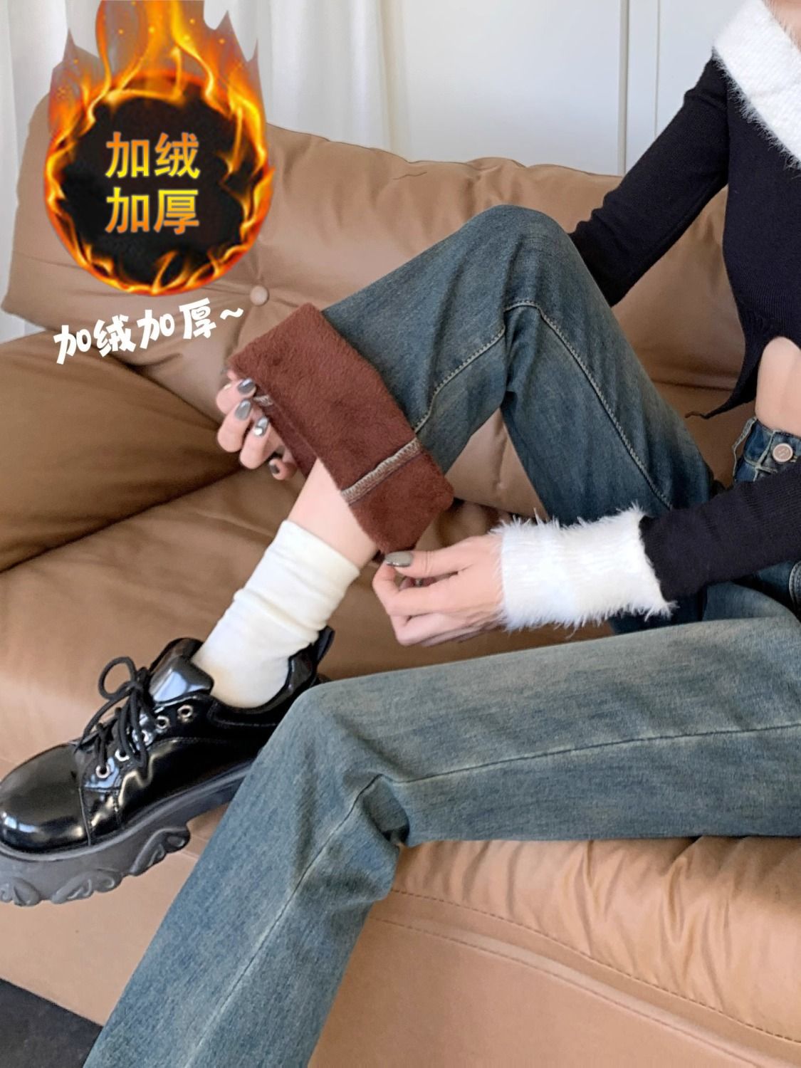 加絨加厚水泥灰牛仔褲女冬季2023新款復古高腰微喇叭褲修身馬蹄褲