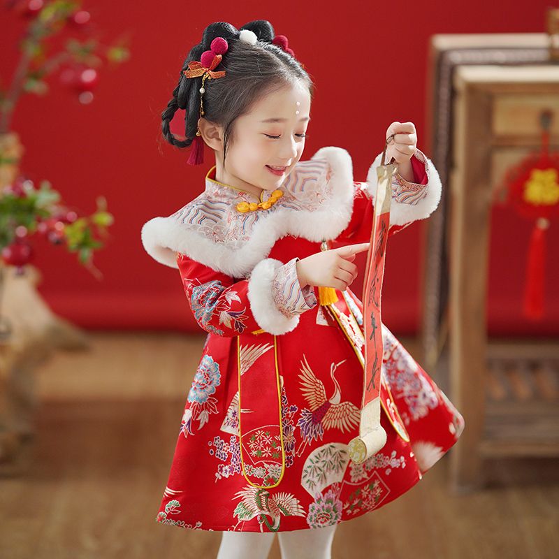 拜年服女童汉服冬宝宝周岁礼服儿童过新年喜庆衣服中国风唐装裙子