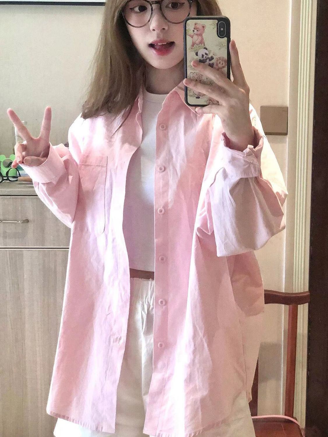 2023秋冬款日系甜美純棉粉色襯衫女內搭疊穿顯瘦百搭長袖襯衣開衫
