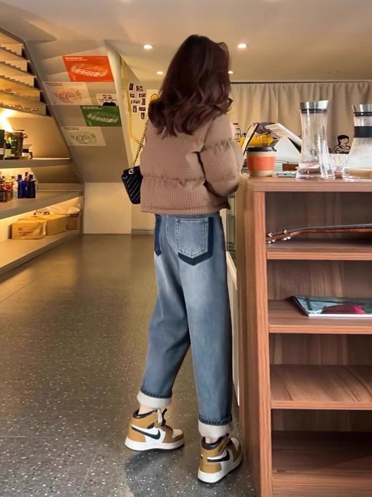 哈倫牛仔褲女加絨2023年秋冬新款寬鬆顯瘦高腰復古直筒老爹蘿蔔褲