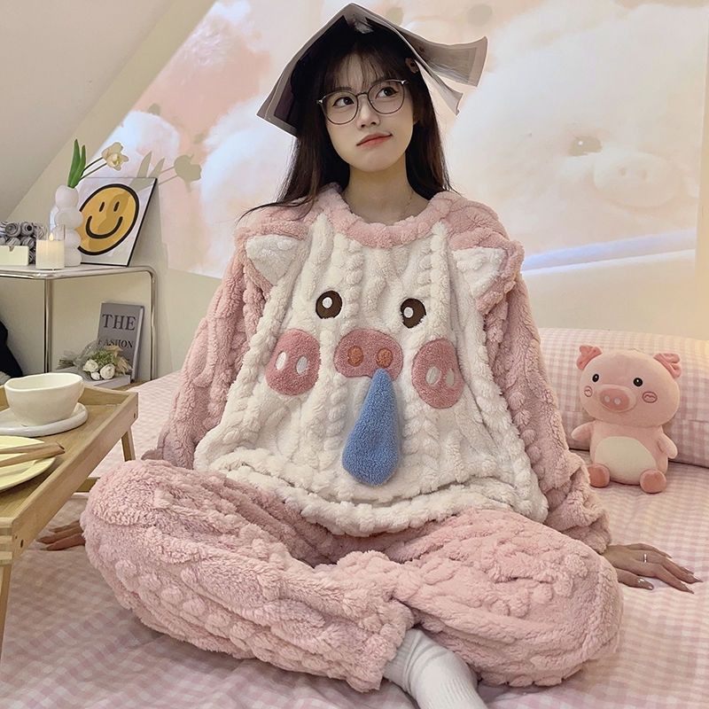 珊瑚絨睡衣女秋冬季加厚加絨2023年新款可愛小豬卡通法蘭絨家居服