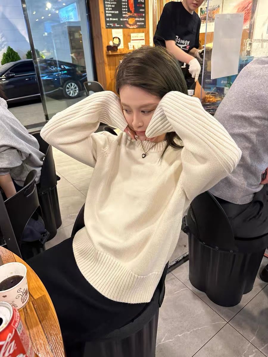 基礎圓領毛衣純色冬天的亮色簡約時尚百搭針織衫女慵懶寬鬆套頭