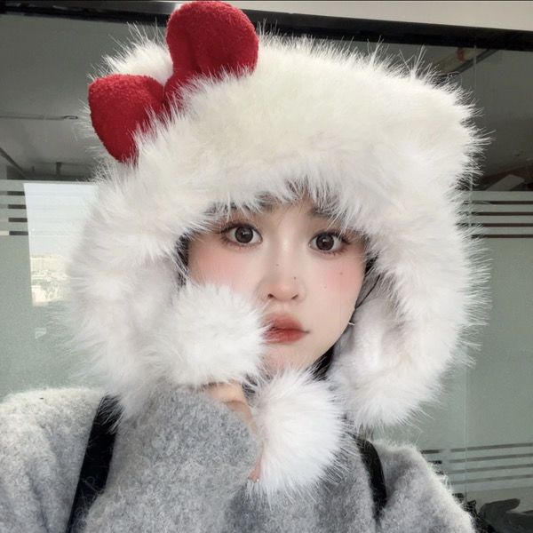 Korean style cute bow KT plush hat for women winter ear protection Lei Feng hat plus velvet to keep warm and cold and windproof hat for women